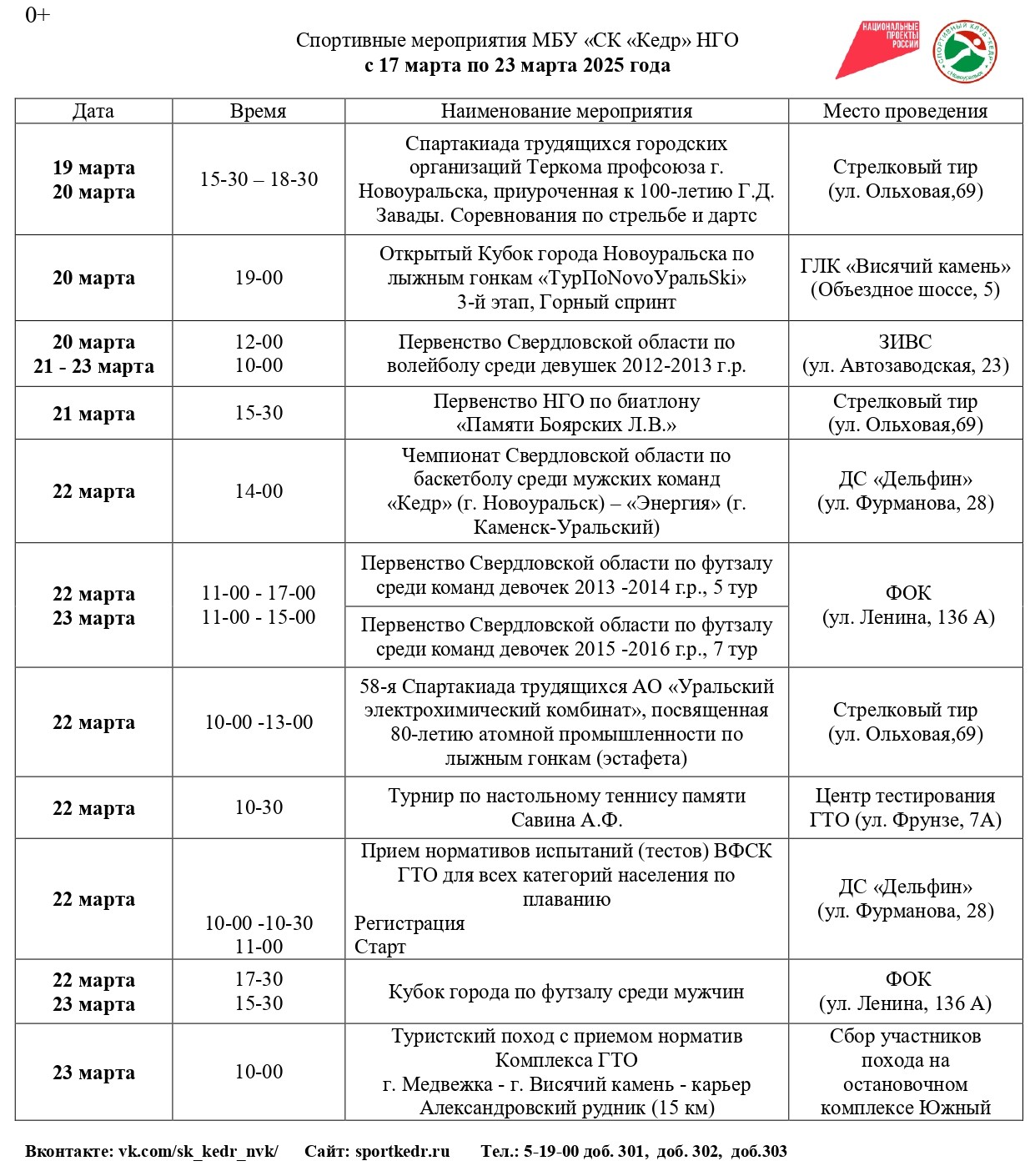  Спортивные мероприятия МБУ «СК «Кедр» НГО с 17 марта по 23 марта 2025 года
