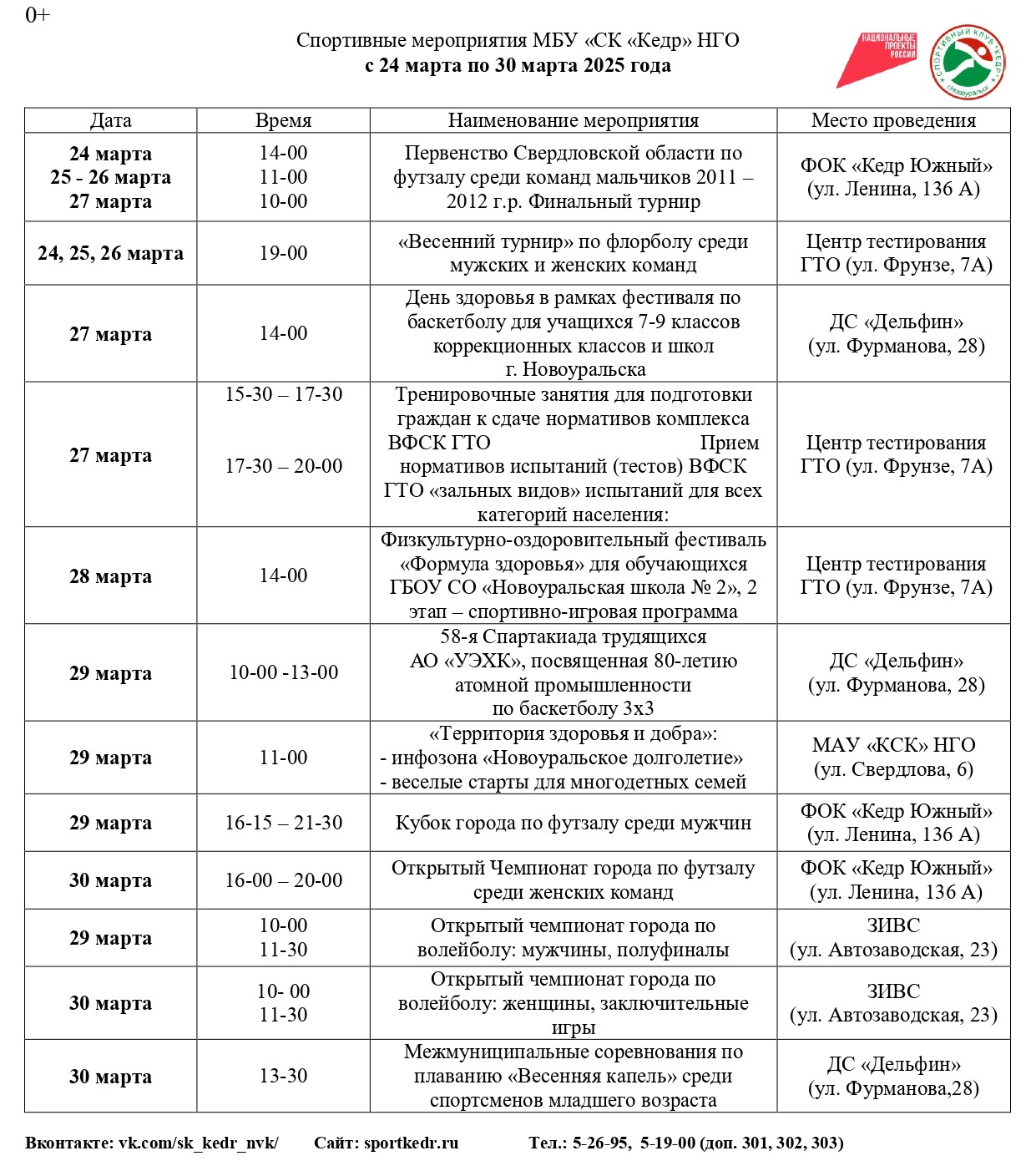 Спортивные мероприятия МБУ «СК «Кедр» город Новоуральск с 24 марта по 30 марта 2025 года