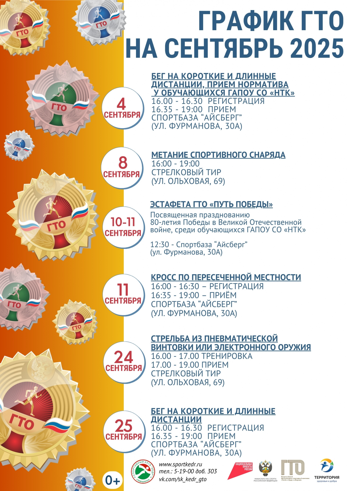 График приема нормативов ГТО на сентябрь 2025 года в городе Новоуральск 