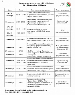 Спортивные мероприятия МБУ «СК "Кедр" в городе Новоуральск  16 – 22 сентября 2024 года