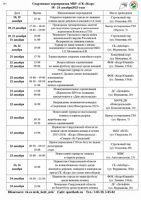 Спортивные мероприятия в Новоуральске МБУ «СК «Кедр» 18 - 24 декабря 2023 года
