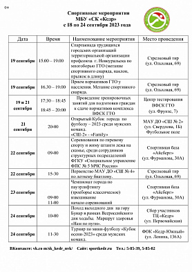 Спортивные мероприятия МБУ "СК "КЕДР" с 18 по 24 сентября 2023г.