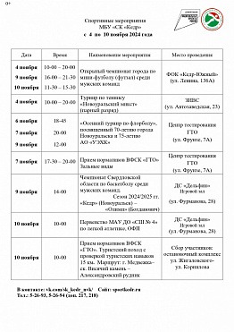 Спортивные мероприятия МБУ «СК "Кедр" в городе Новоуральск 04 – 10 ноября 2024 года