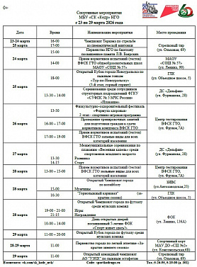 Календарь спортивных мероприятий Спортивного клуба "Кедр" в городе Новоуральск с 23 по 29 марта 2026 года