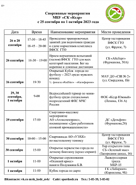 Спортивные мероприятия МБУ "СК "КЕДР" с 25 сентября по 1 октября 2023г.