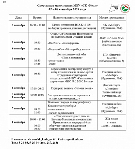 Спортивные мероприятия в Новоуральске МБУ «СК «Кедр» 02 – 08 сентября 2024 года