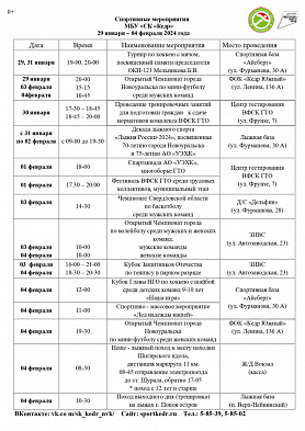 Спортивные мероприятия в Новоуральске МБУ «СК «Кедр»  29 января – 04 февраля 2024 года