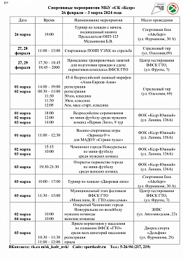 Спортивные мероприятия в Новоуральске МБУ «СК «Кедр» 26 февраля – 3 марта 2024 года