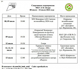 Спортивные мероприятия  МБУ «СК «Кедр»  в городе Новоуральск с 08 июля – 14 июля 2024 года